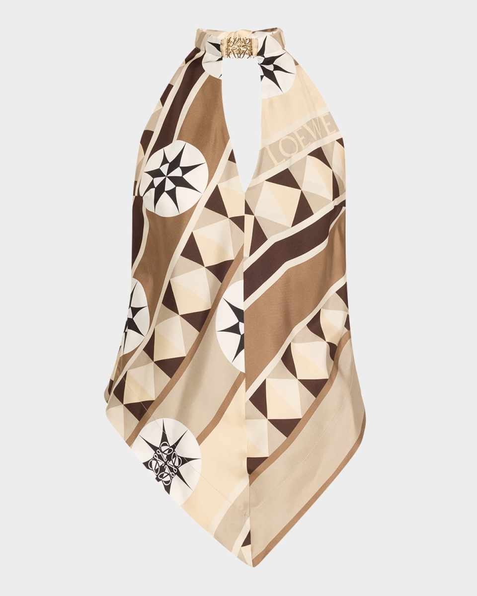 Anagram Keyhole Geo-Print Silk Halter Top
